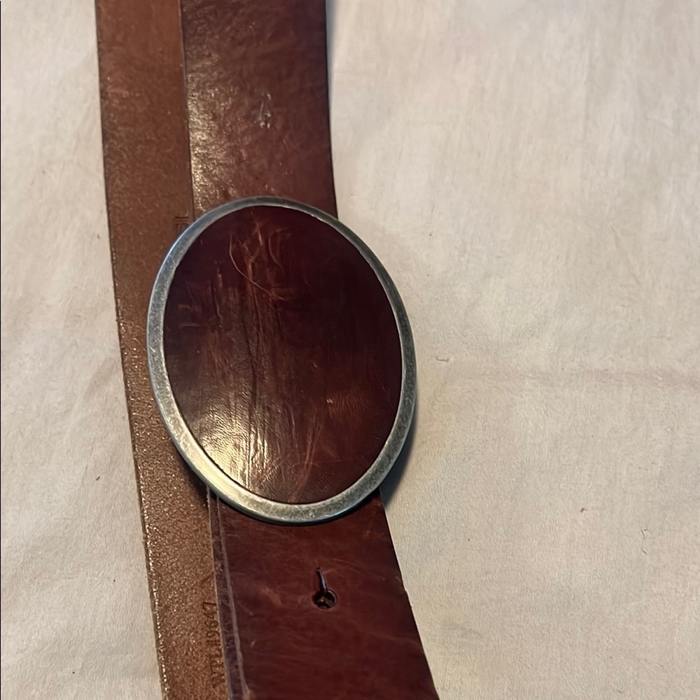 Brown Leather Belt with Silver Trimmed Buckle